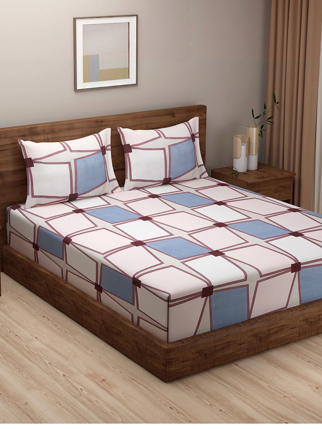 

SWAYAM Peach-Coloured & Blue Geometric 180 TC King Bedsheet with 2 Pillow Covers