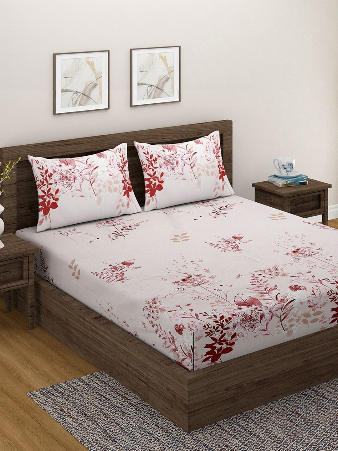 

SWAYAM Pink & Red Floral 180 TC King Bedsheet with 2 Pillow Covers