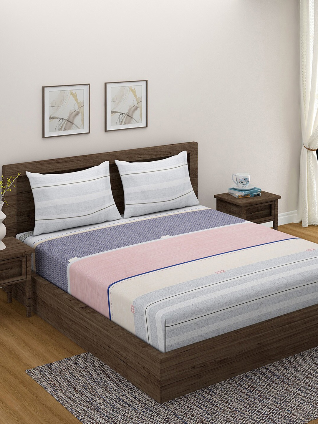 

SWAYAM Pink & Blue 180 TC King Bedsheet with 2 Pillow Covers