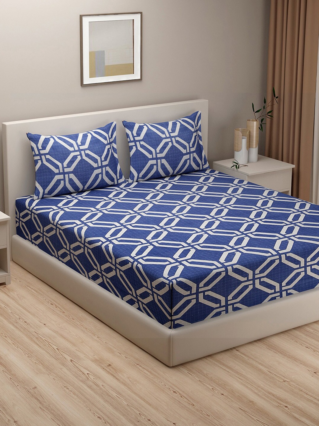 

SWAYAM Blue & White Geometric 180 TC King Bedsheet with 2 Pillow Covers