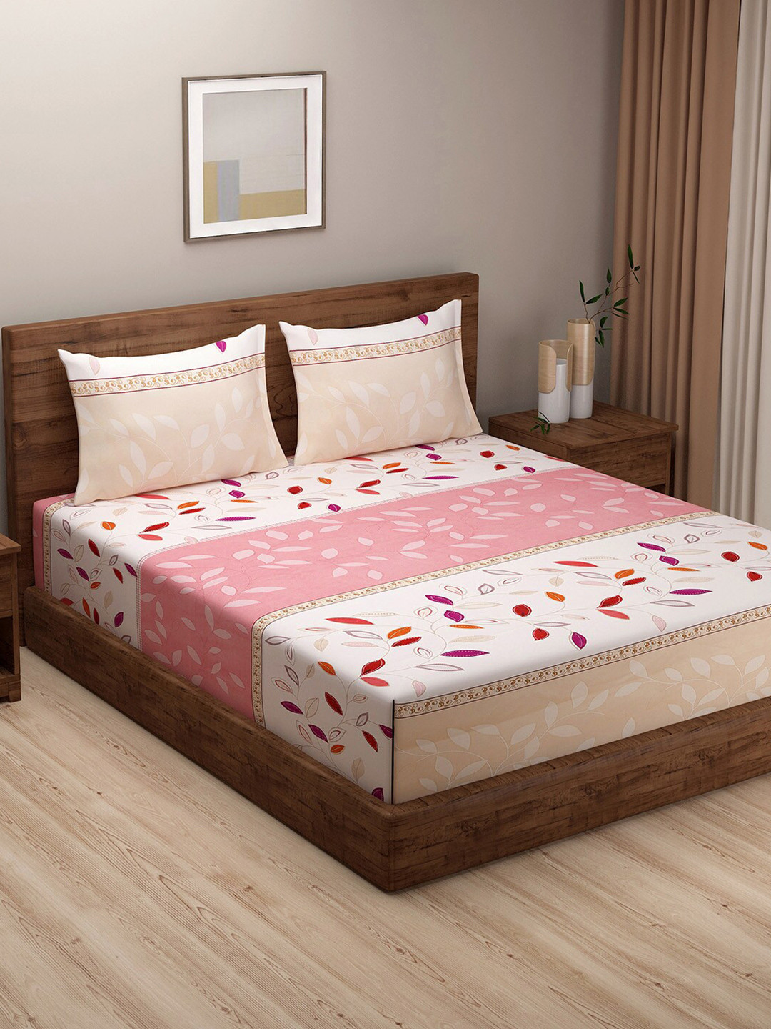 

SWAYAM Beige & Peach-Coloured Floral 180 TC King Bedsheet with 2 Pillow Covers