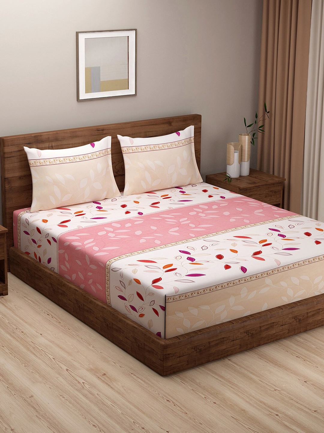 

SWAYAM Beige & Peach-Coloured Floral 180 TC King Bedsheet with 2 Pillow Covers