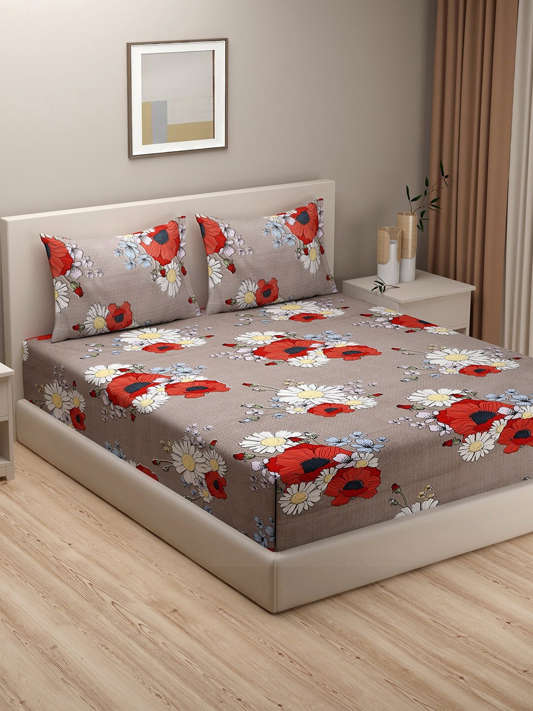 

SWAYAM Brown & Red Floral 180 TC King Bedsheet with 2 Pillow Covers