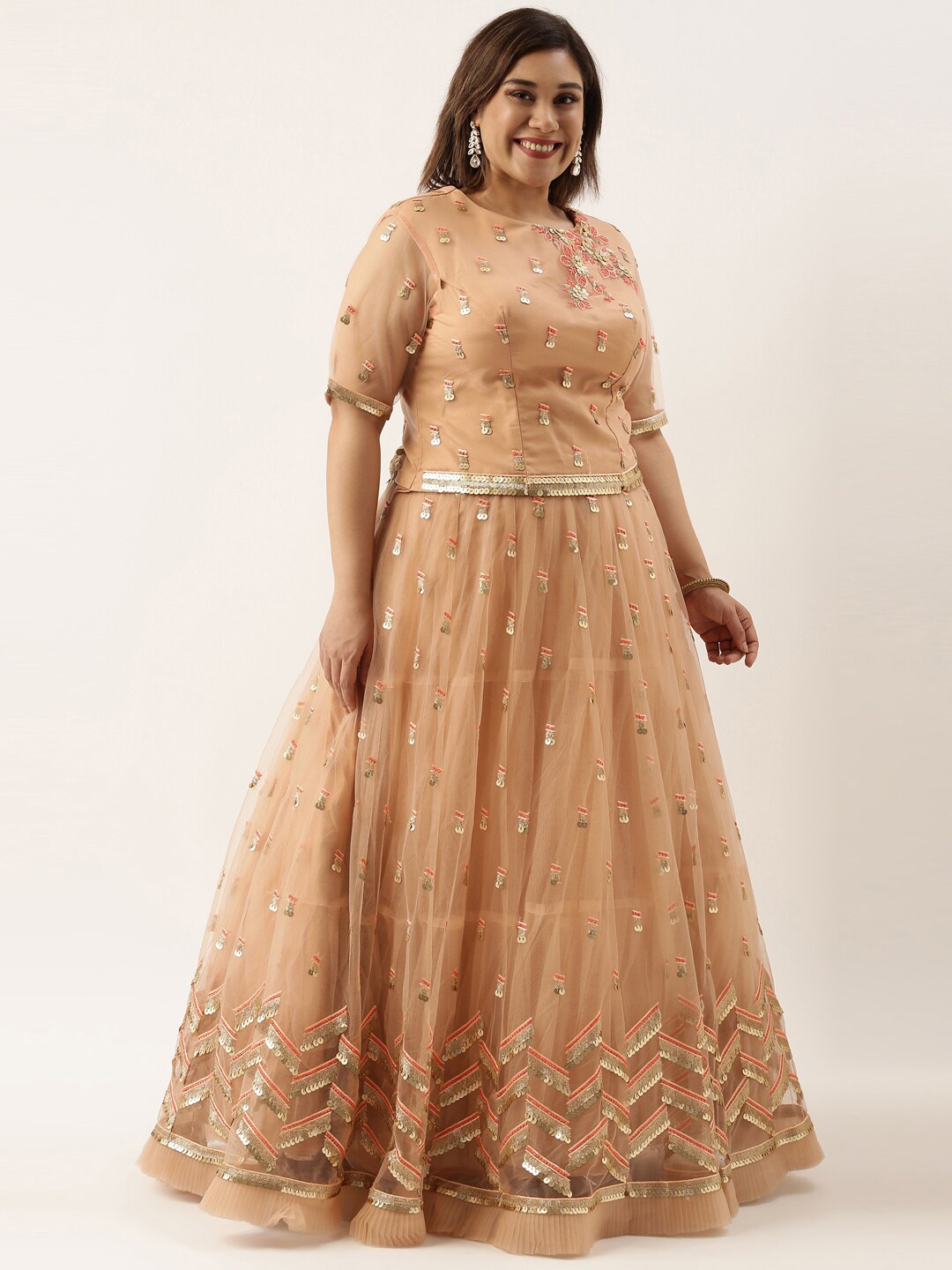 

panchhi Peach-Coloured & Silver-Toned Embroidered Sequinned Semi-Stitched Lehenga & Unstitched Blouse With