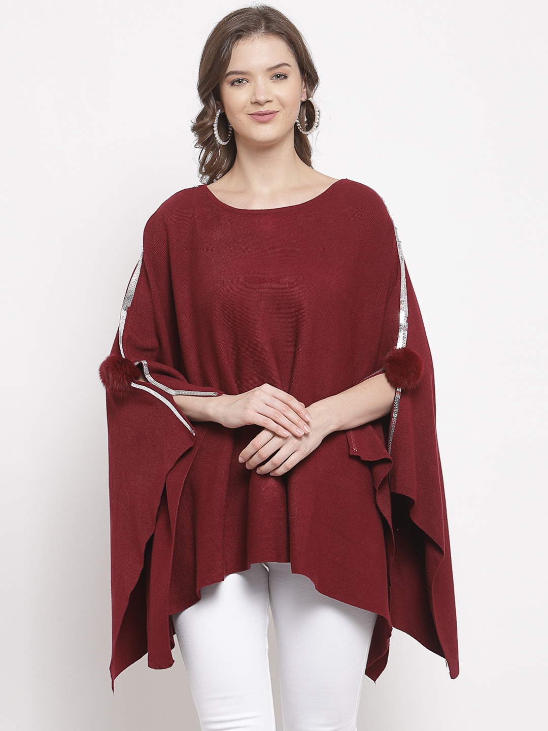 

Mafadeny Women Maroon & Silver-Toned Poncho with Embellished Detail