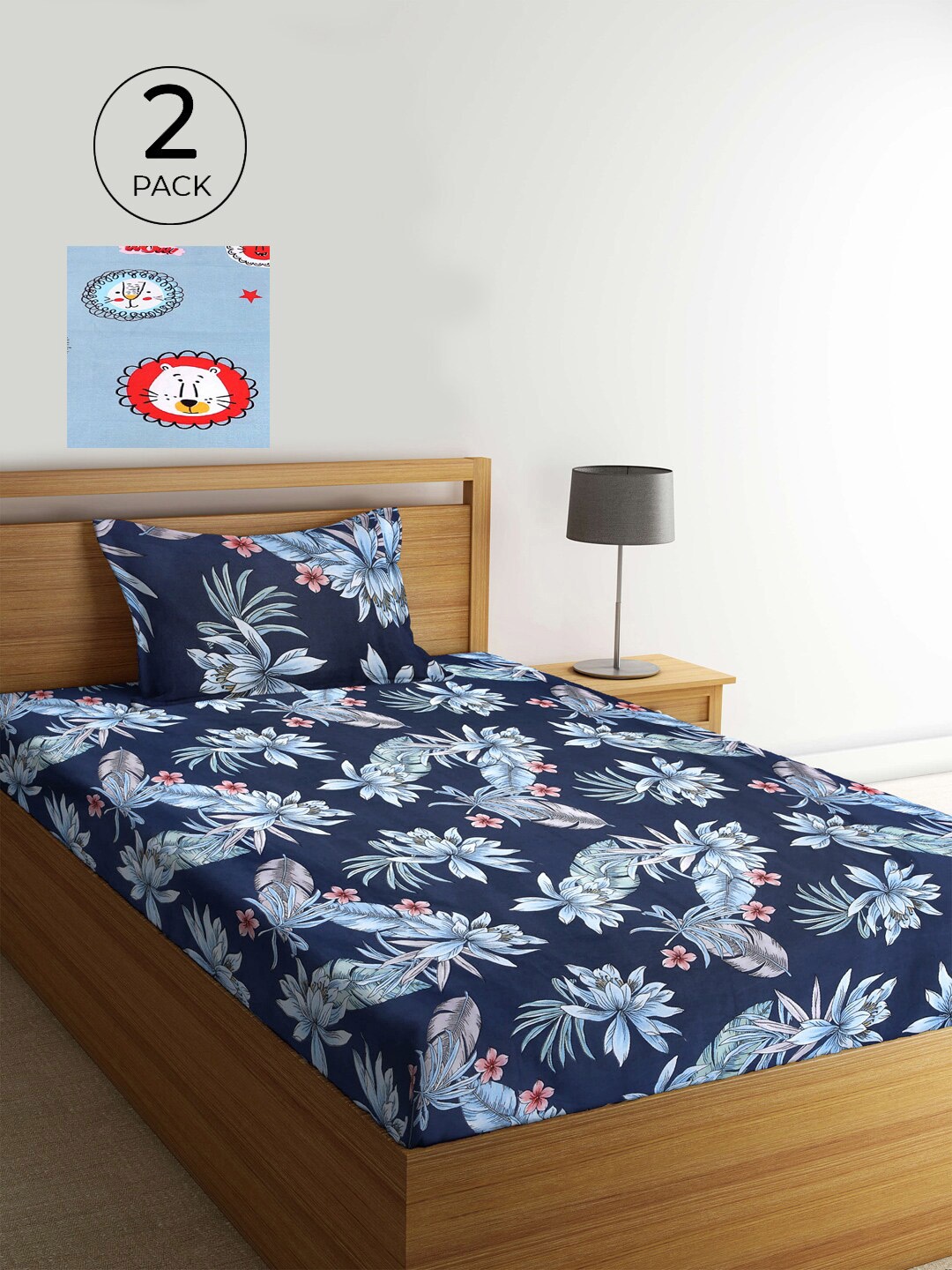 

KLOTTHE Navy Blue & Blue Floral 210 TC 2 Single Bedsheet with 2 Pillow Covers