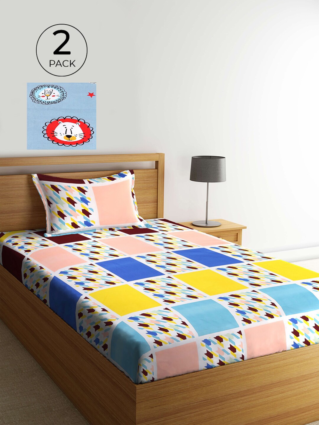 

KLOTTHE White & Blue Geometric 210 TC 2 Single Bedsheet with 2 Pillow Covers