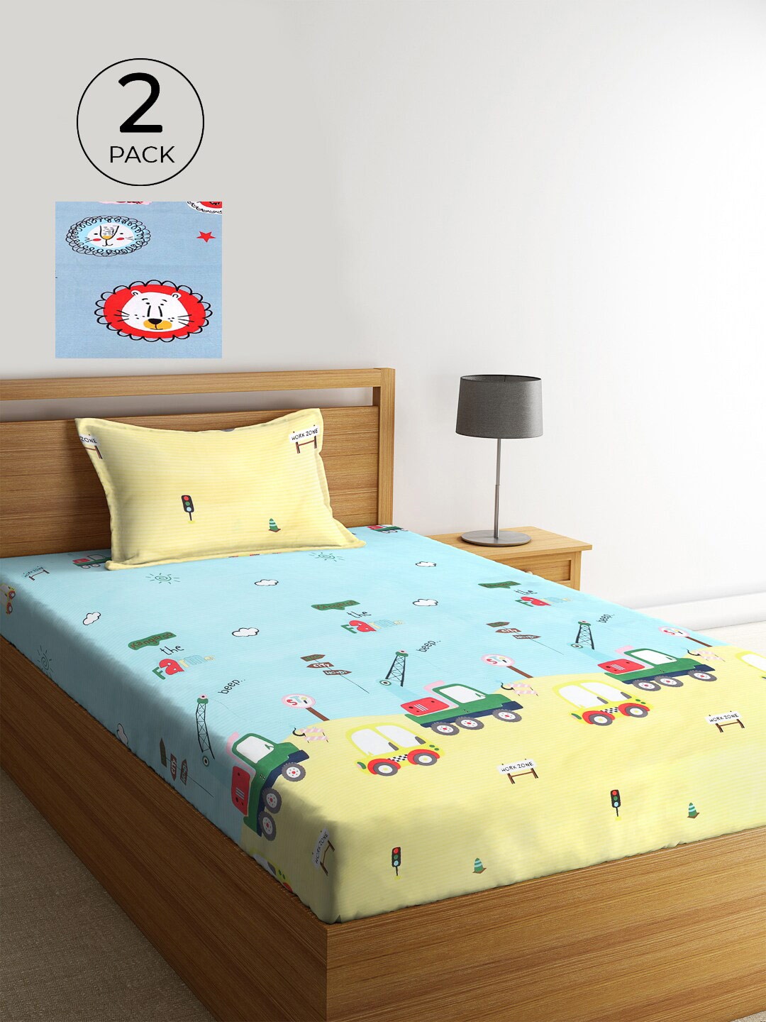 

KLOTTHE Turquoise Blue & Blue Cartoon Characters 210 TC 2 Single Bedsheet with 2 Pillow Covers