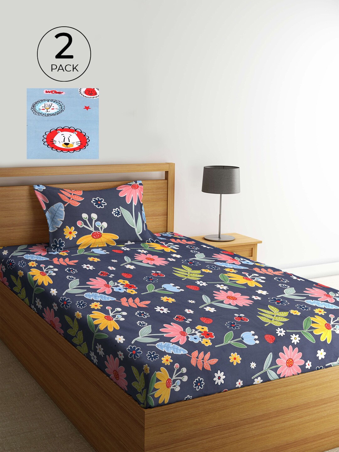 

KLOTTHE Grey & Turquoise Blue Floral 210 TC 2 Single Bedsheet with 2 Pillow Covers