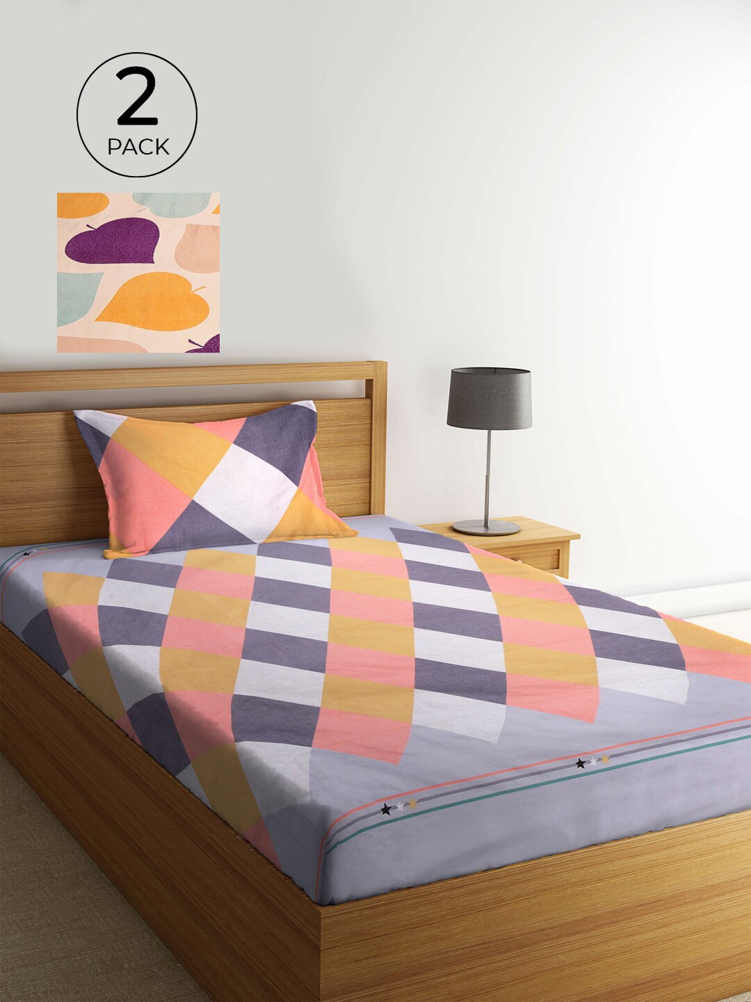 

KLOTTHE Set Of 2 Multicoloured Printed Cotton 210 TC Single Bedsheet with Pillow Covers, Multi