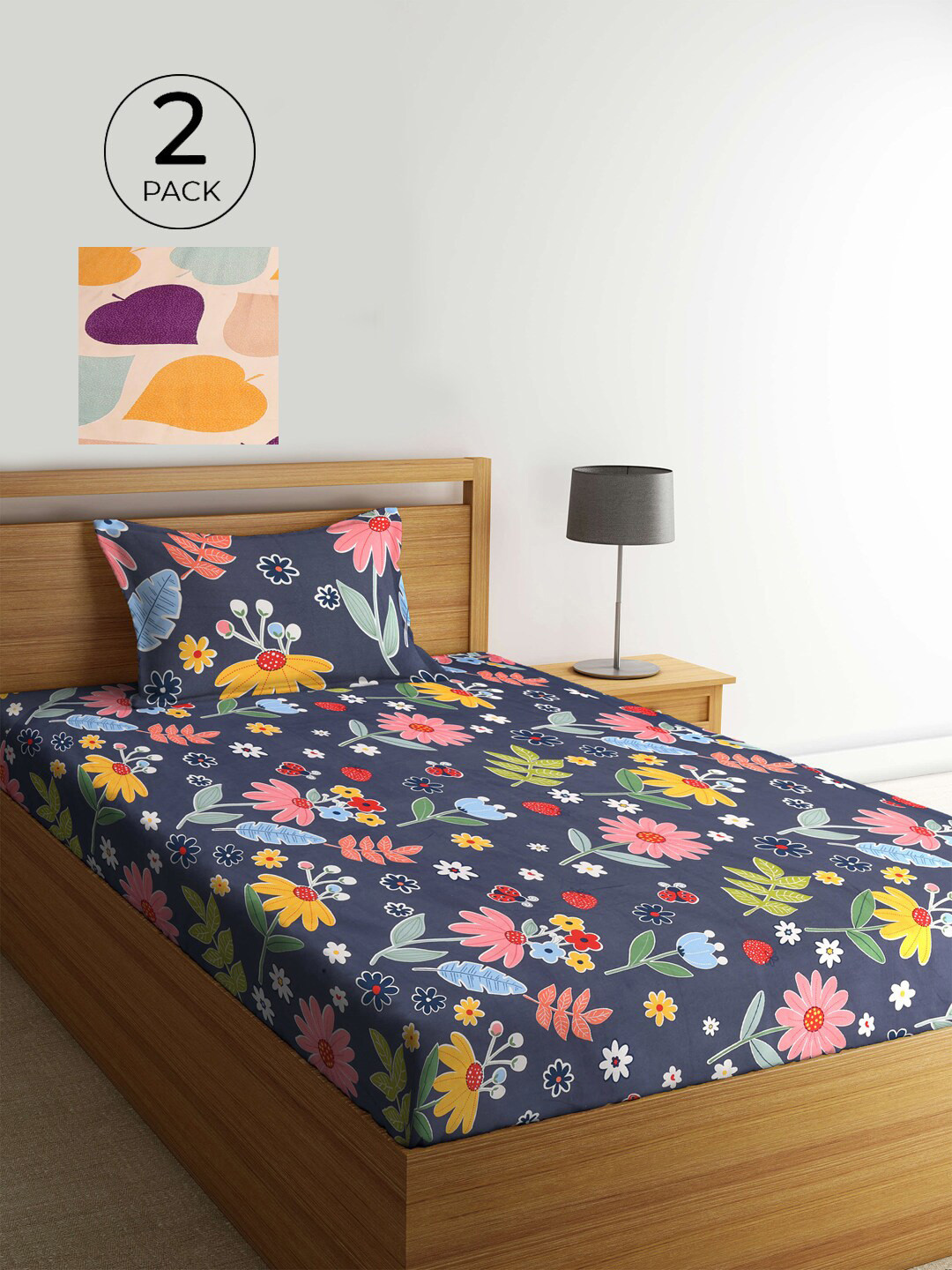 

KLOTTHE Set Of 2 Multicoloured Printed Cotton 210 TC Single Bedsheet with Pillow Covers, Multi