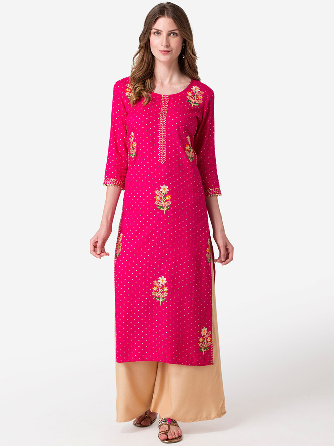 

FASHION DEPTH Women Pink & Gold-Toned Ethnic Motifs Embroidered Kurta