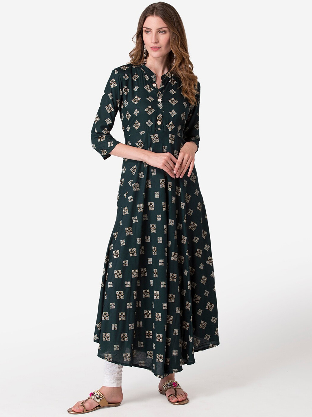 

FASHION DEPTH Women Green & White Printed Anarkali Kurta