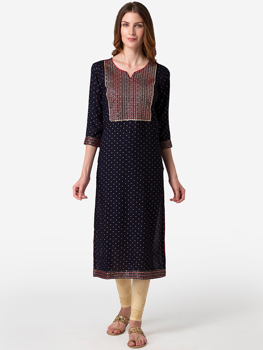 

FASHION DEPTH Women Navy Blue & Red Yoke Design Kurta