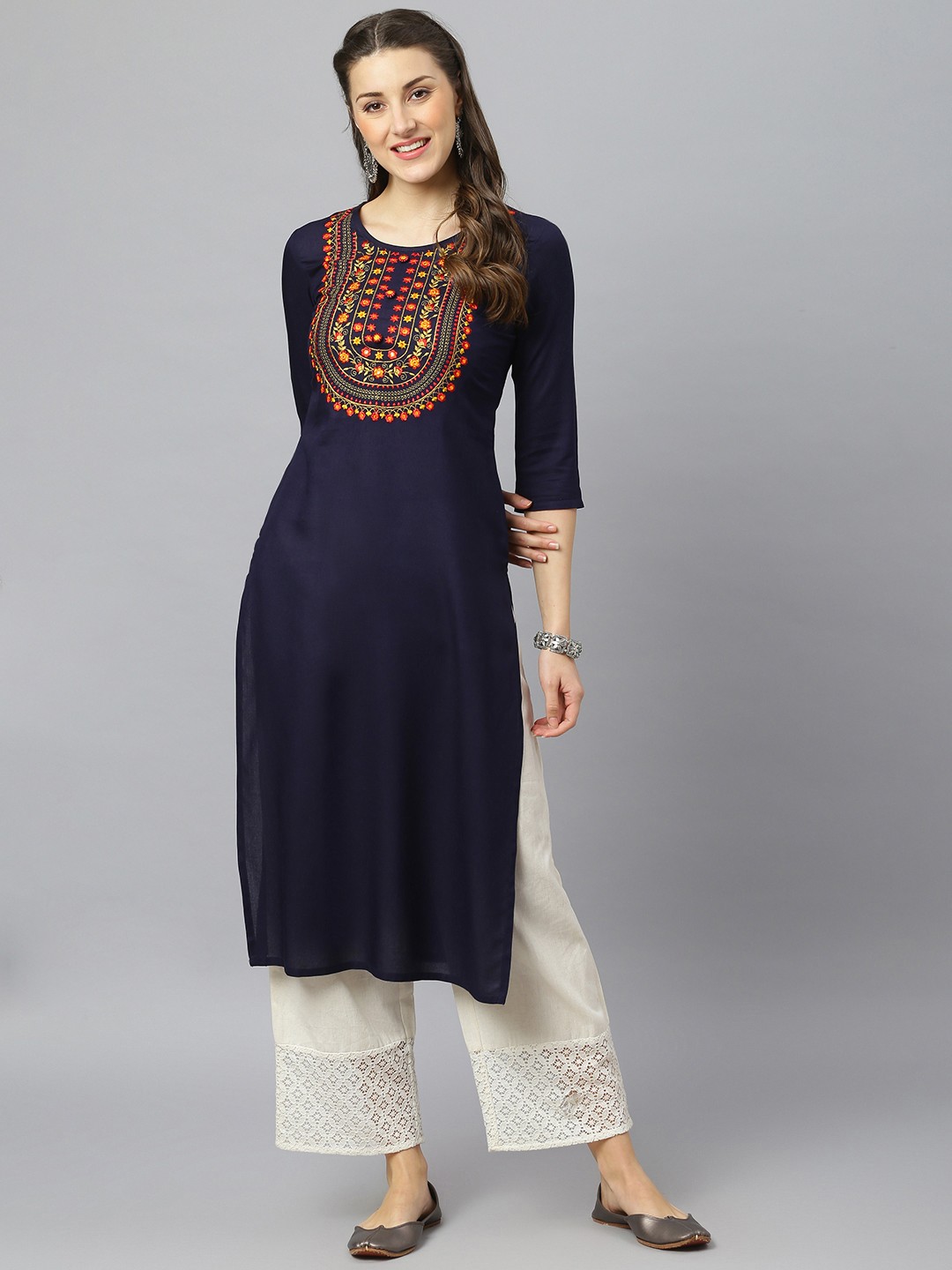 

FASHION DEPTH Women Navy Blue & Orange Ethnic Motifs Yoke Design Kurta