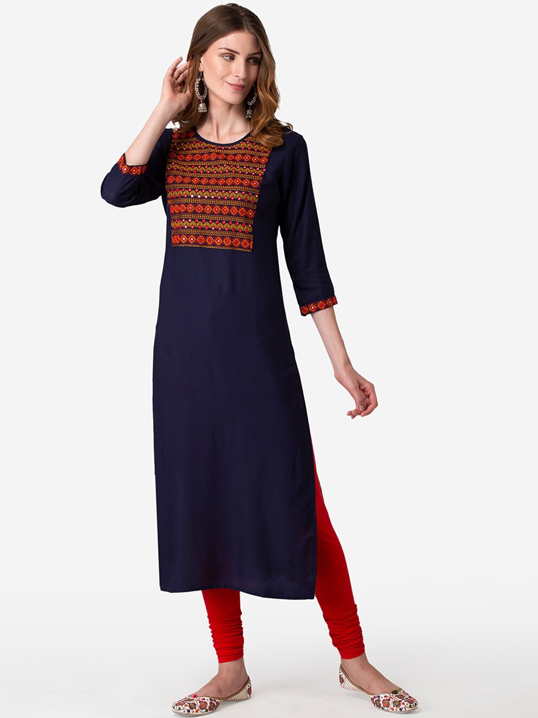 

FASHION DEPTH Women Navy Blue & Orange Ethnic Motifs Yoke Design Kurta