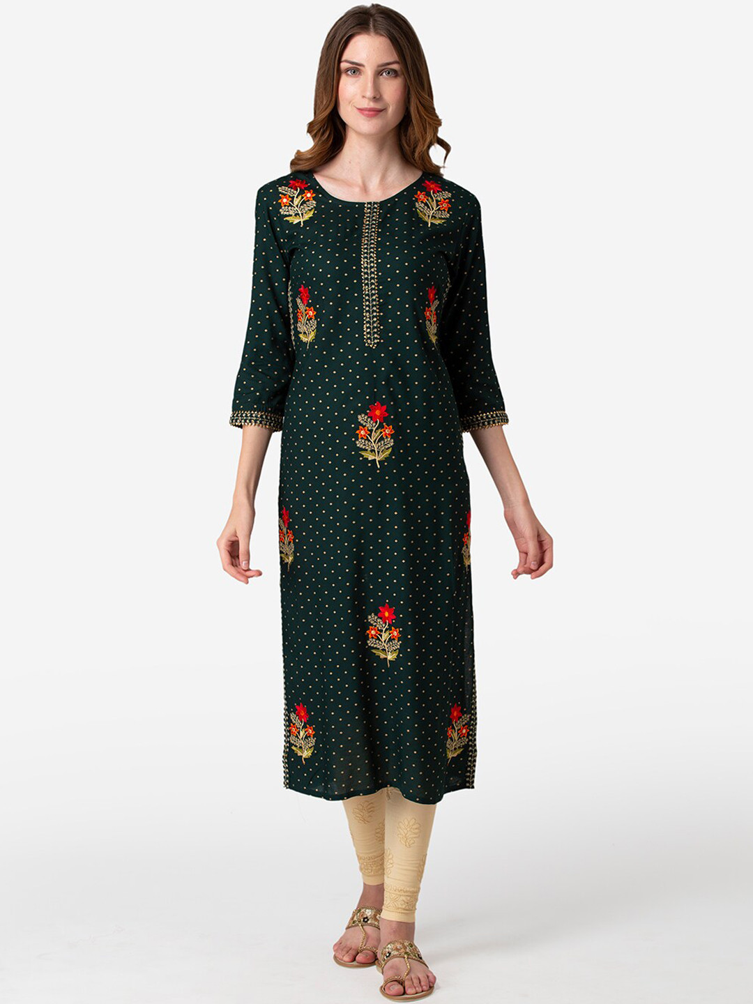 

FASHION DEPTH Women Green & Yellow Ethnic Motifs Embroidered Kurta
