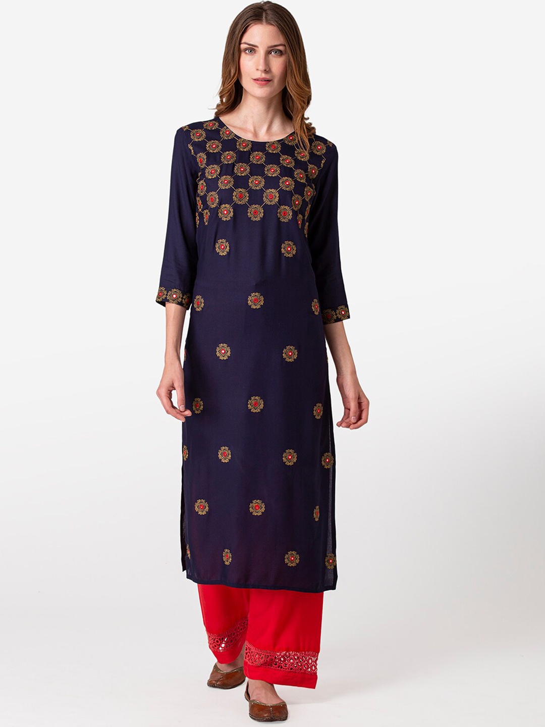 

FASHION DEPTH Women Navy Blue Ethnic Motifs Embroidered Kurta