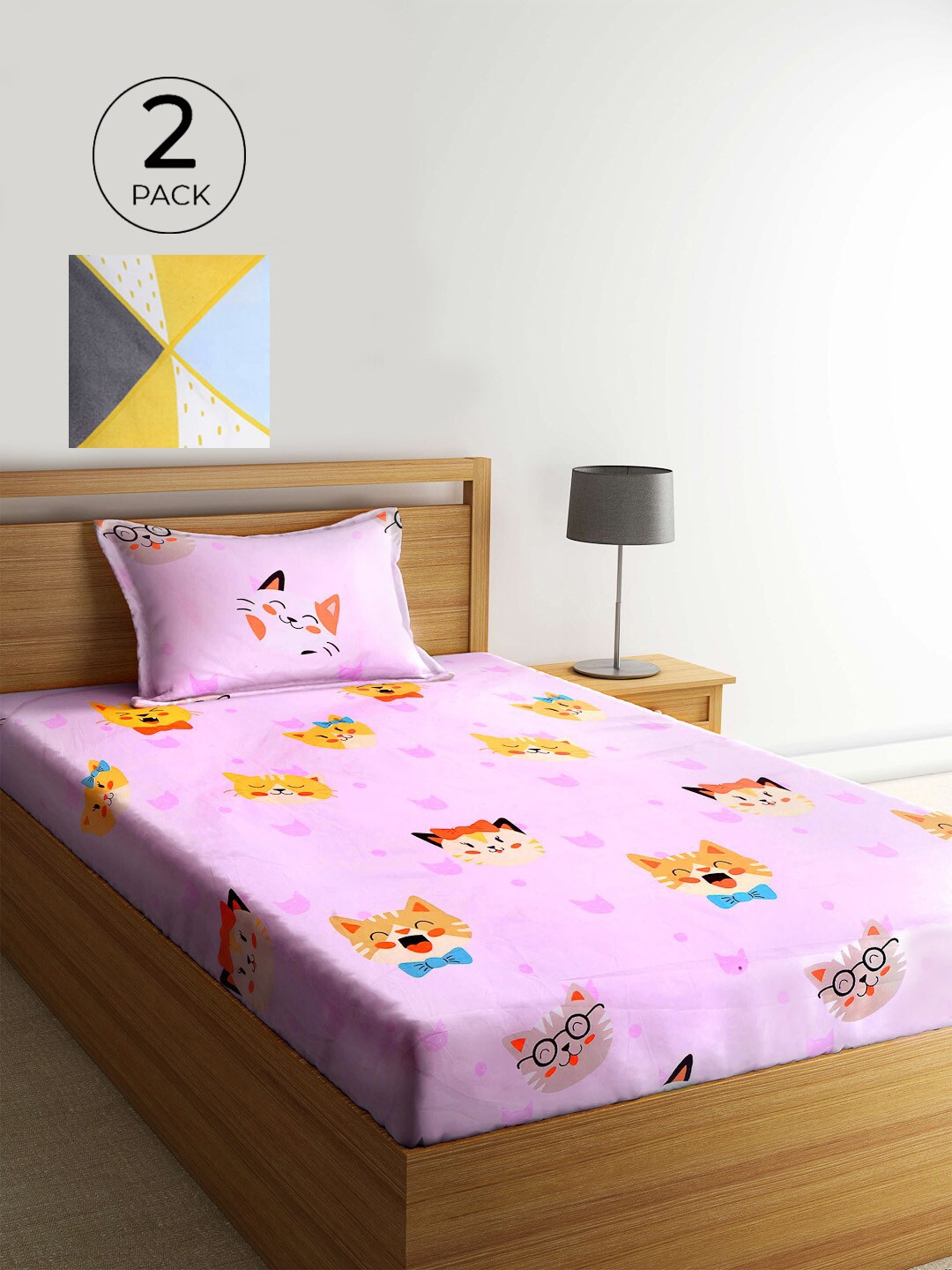 

KLOTTHE White & Yellow Geometric 210 TC 2 Single Bedsheet with 2 Pillow Covers