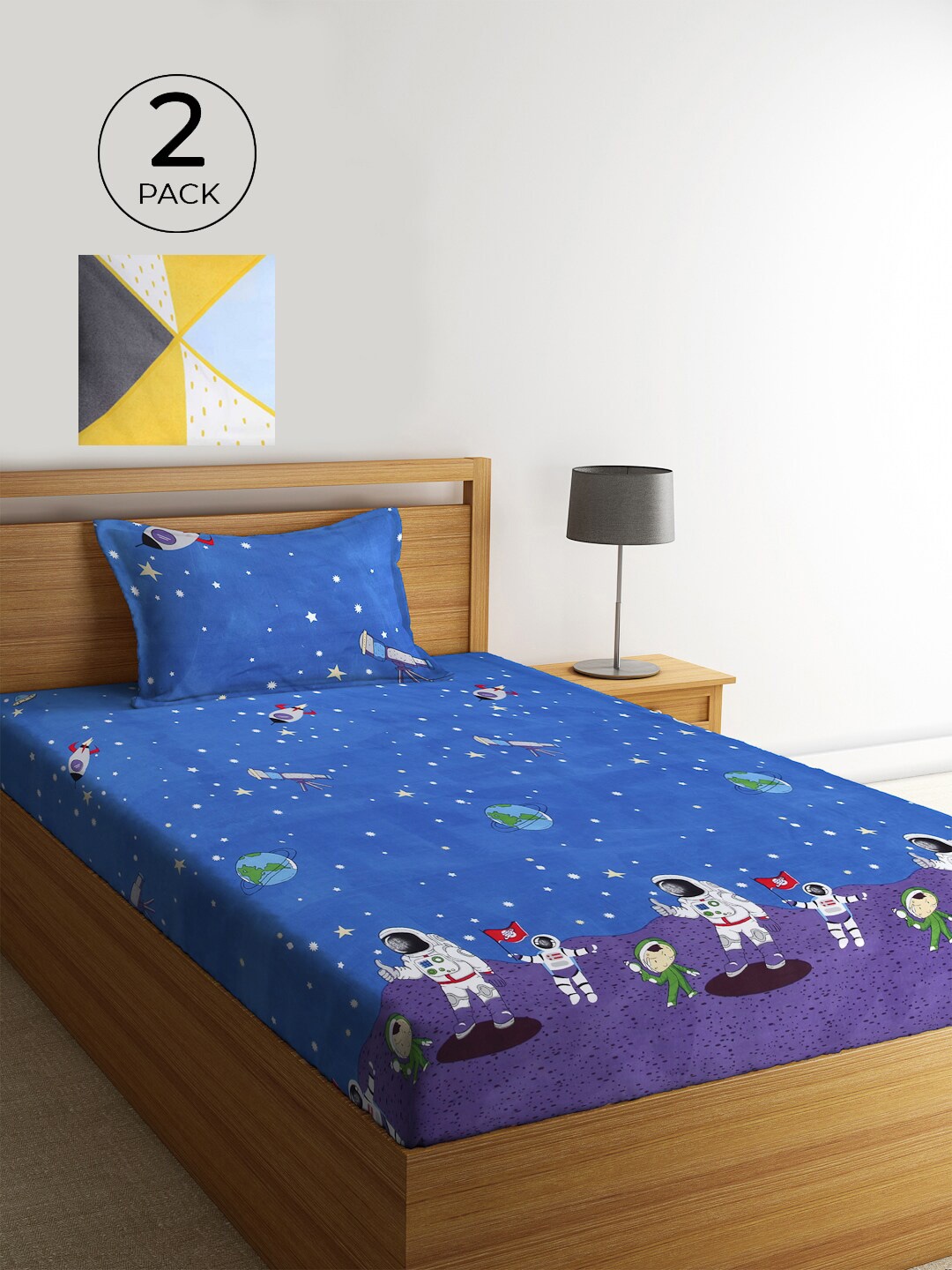 

KLOTTHE Blue & Yellow Geometric 210 TC 2 Single Bedsheet with 2 Pillow Covers
