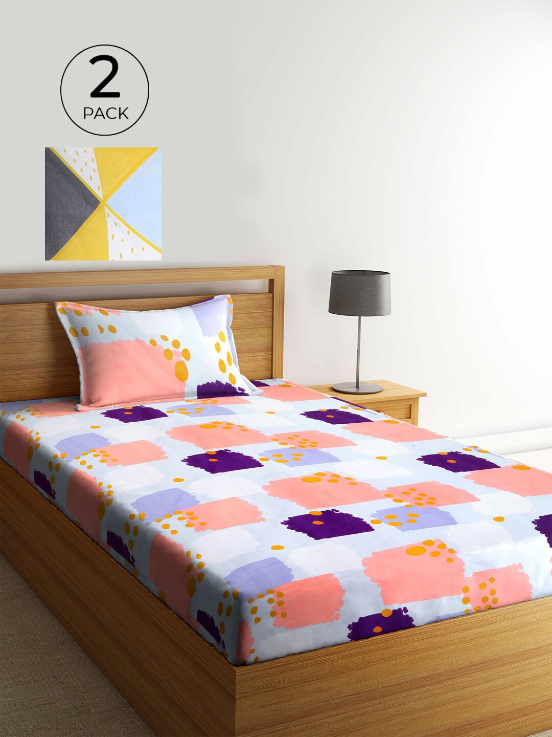 

KLOTTHE White & Pink Geometric 210 TC 2 Single Bedsheet with 2 Pillow Covers