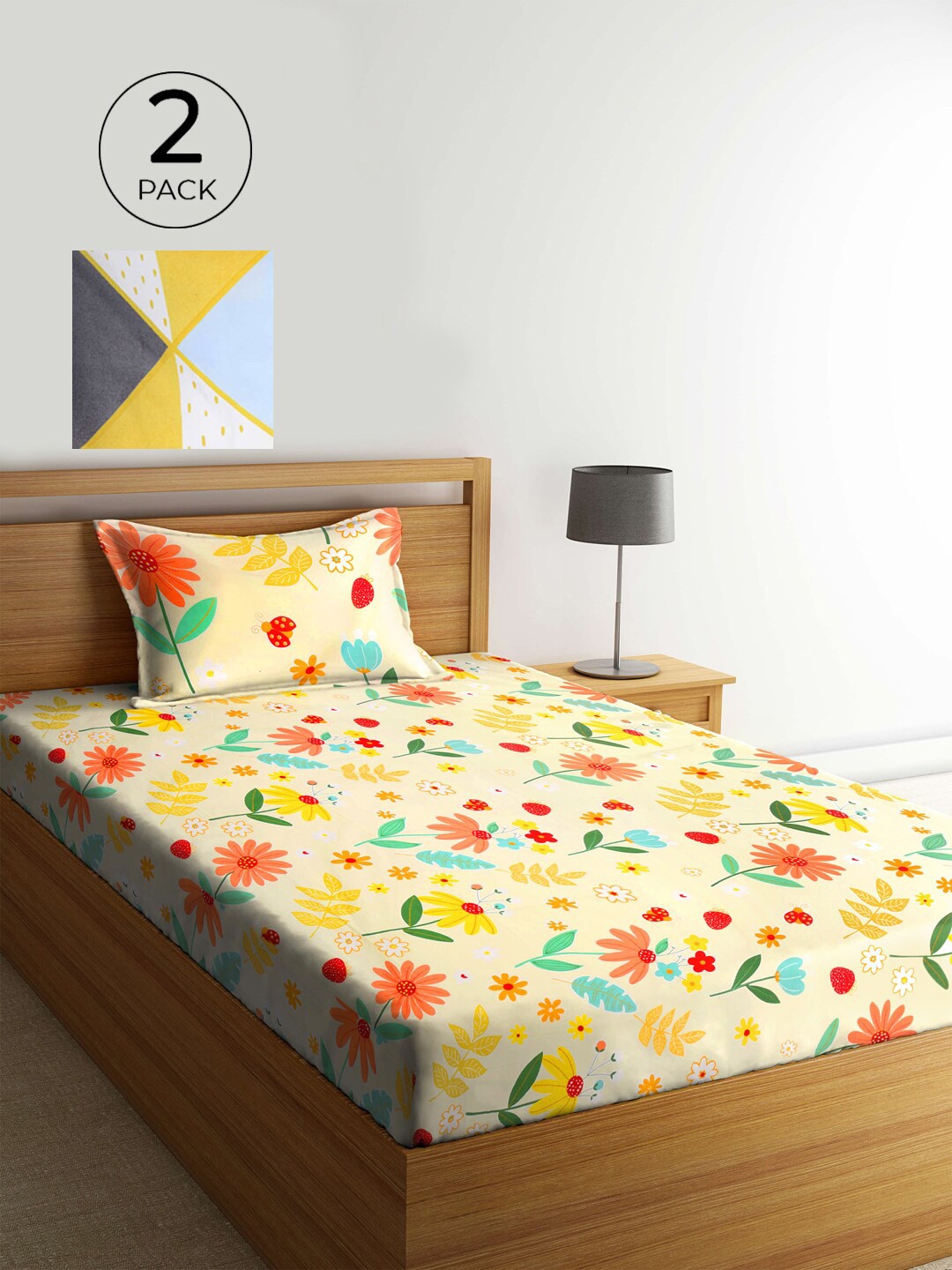 

KLOTTHE White & Yellow Floral 210 TC 2 Single Bedsheet with 2 Pillow Covers