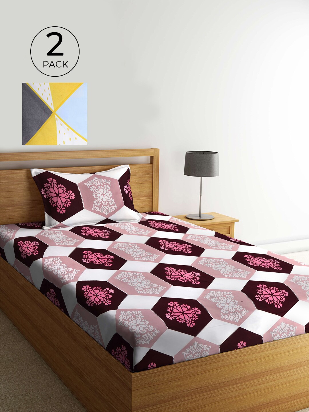 

KLOTTHE White & Maroon Geometric 210 TC 2 Single Bedsheet with 2 Pillow Covers