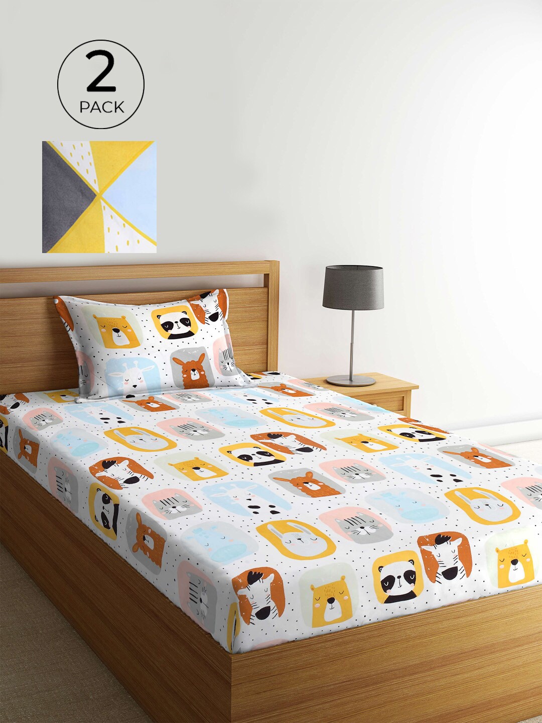 

KLOTTHE White & Grey Cartoon Characters 210 TC 2 Single Bedsheet with 2 Pillow Covers
