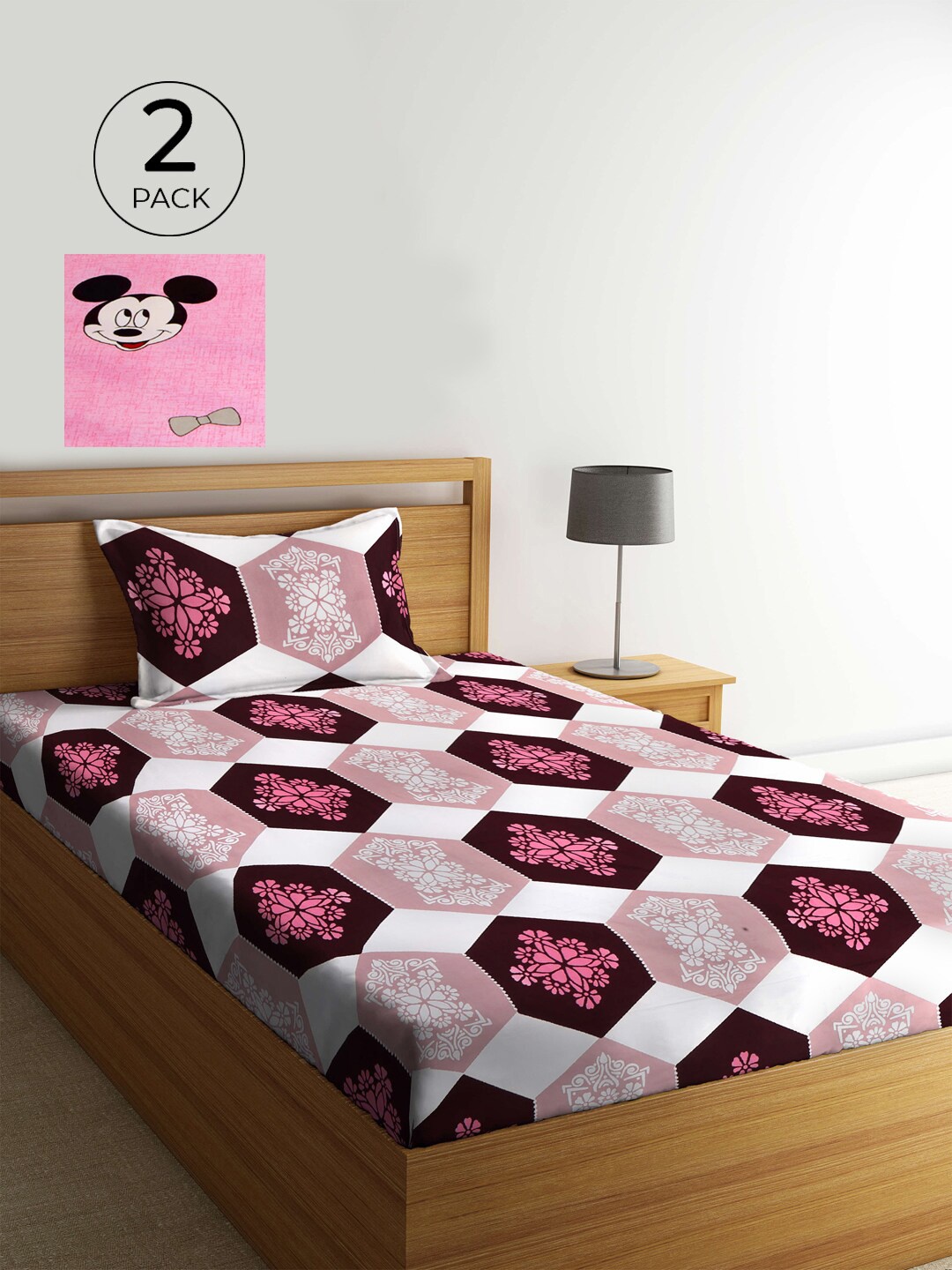 

KLOTTHE Pink & Maroon Cartoon Characters 210 TC 2 Single Bedsheet with 2 Pillow Covers