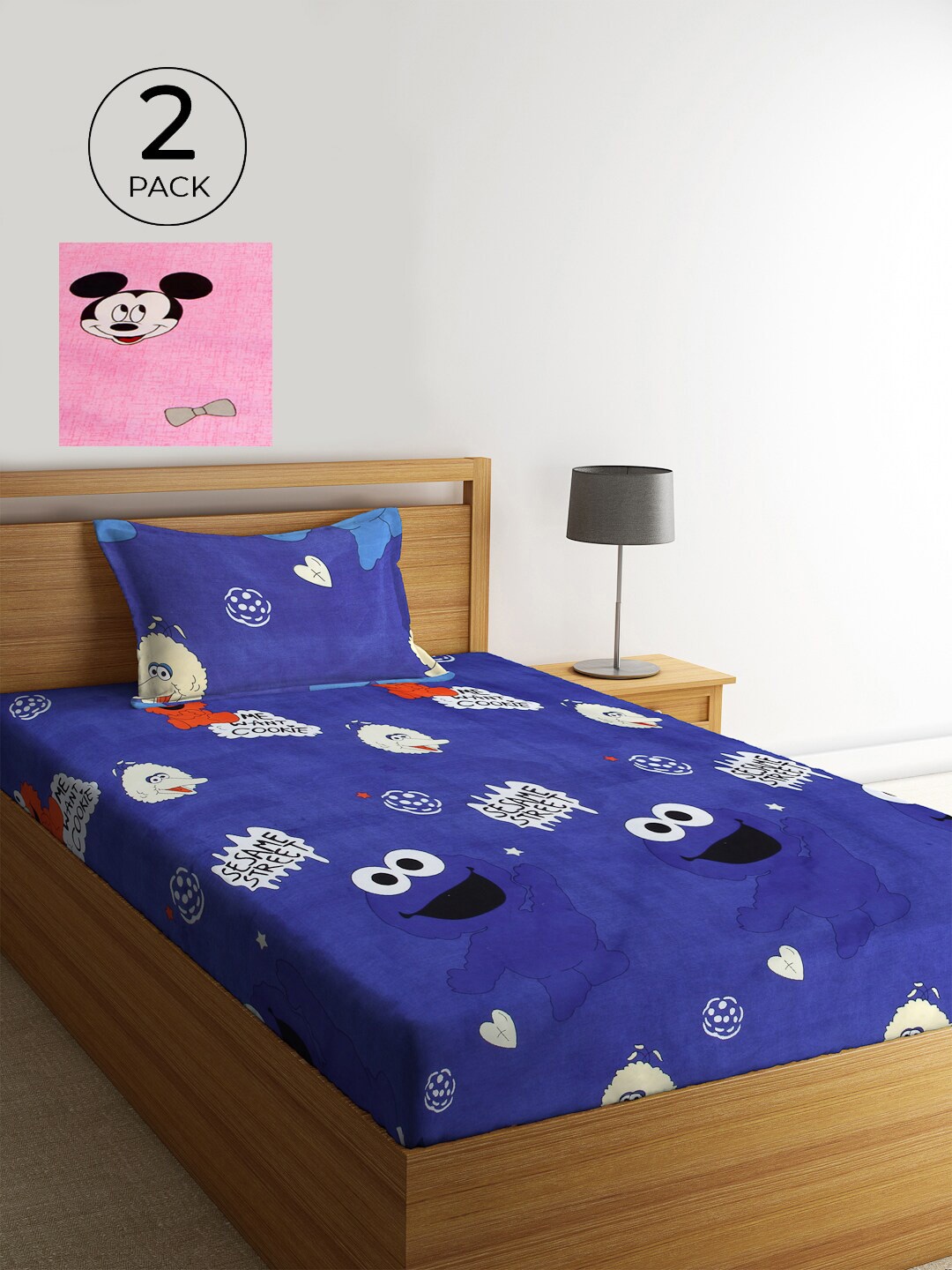 

KLOTTHE Blue & Pink Cartoon Characters 210 TC 2 Single Bedsheet with 2 Pillow Covers