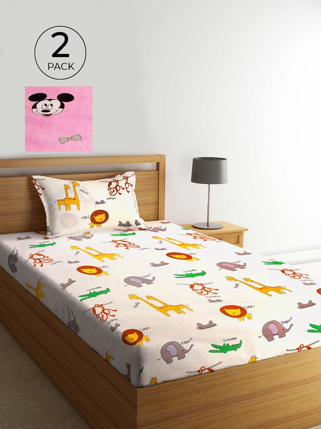 

KLOTTHE White & Pink Cartoon Characters 210 TC 2 Single Bedsheet with 2 Pillow Covers