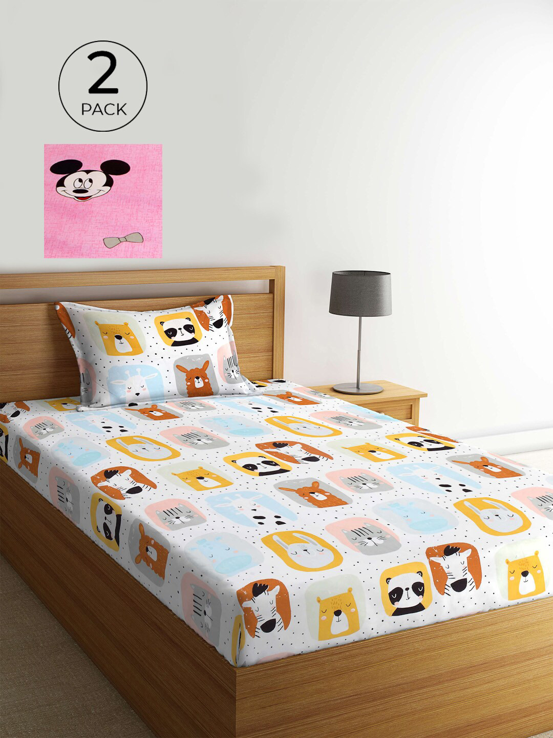 

KLOTTHE Yellow & Pink Cartoon Characters 210 TC 2 Single Bedsheet with 2 Pillow Covers