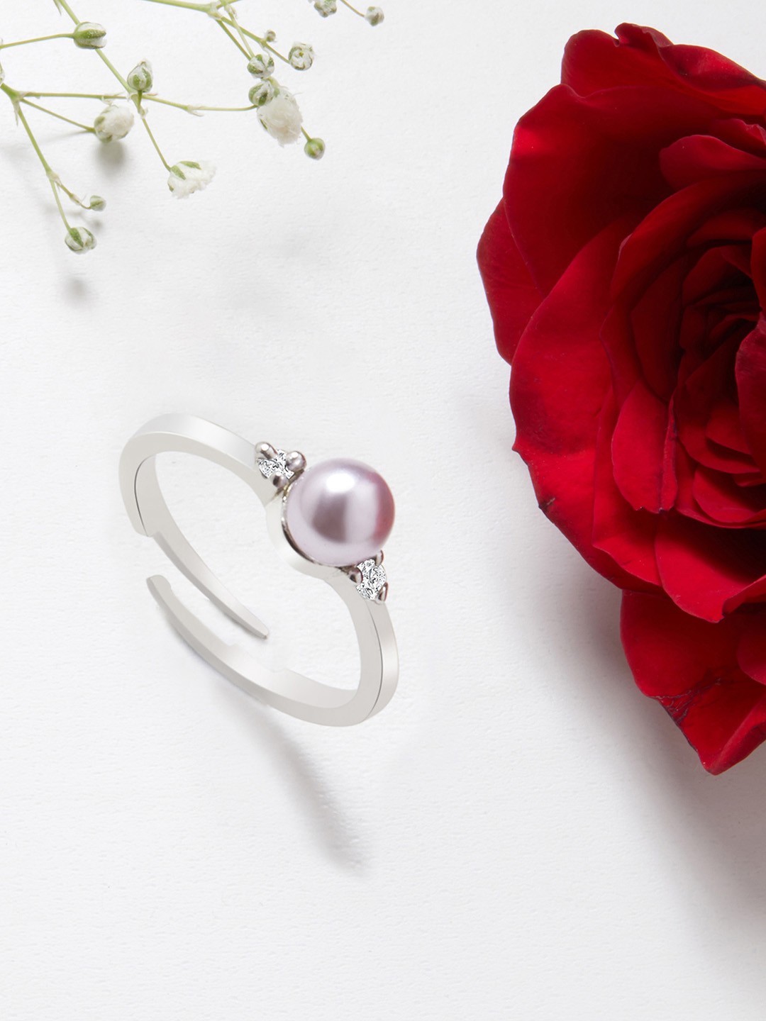 

AMI Silver-Plated Lavender Pearl & White Stone-Studded Beaded Adjustable Finger Ring