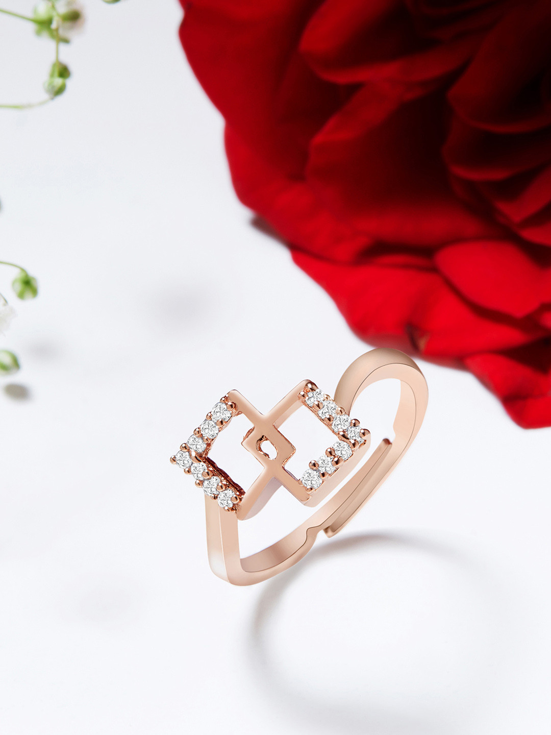 

AMI Rose Gold-Plated White CZ-Studded Adjustable Finger Ring