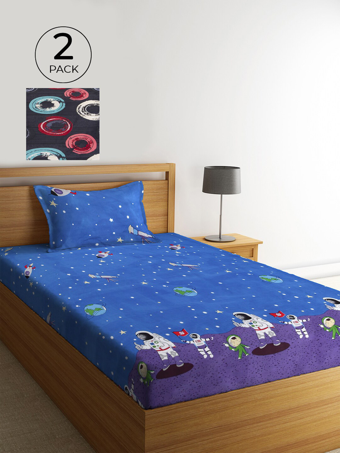 

KLOTTHE Set Of 2 Multicoloured Printed Cotton 210 TC Single Bedsheet with Pillow Covers, Multi