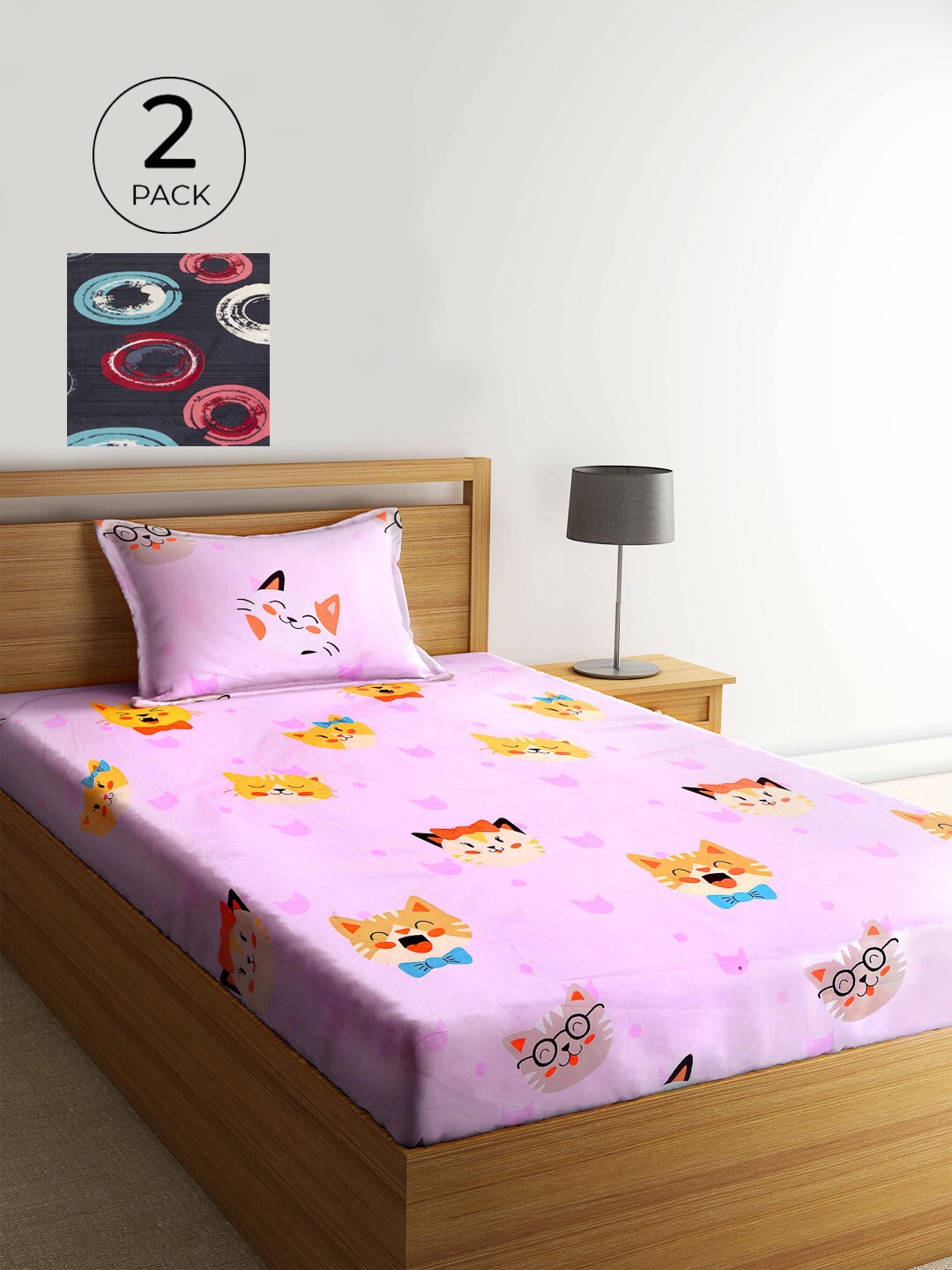 

KLOTTHE Pink & Blue Cartoon Characters 210 TC 2 Single Bedsheet with 2 Pillow Covers