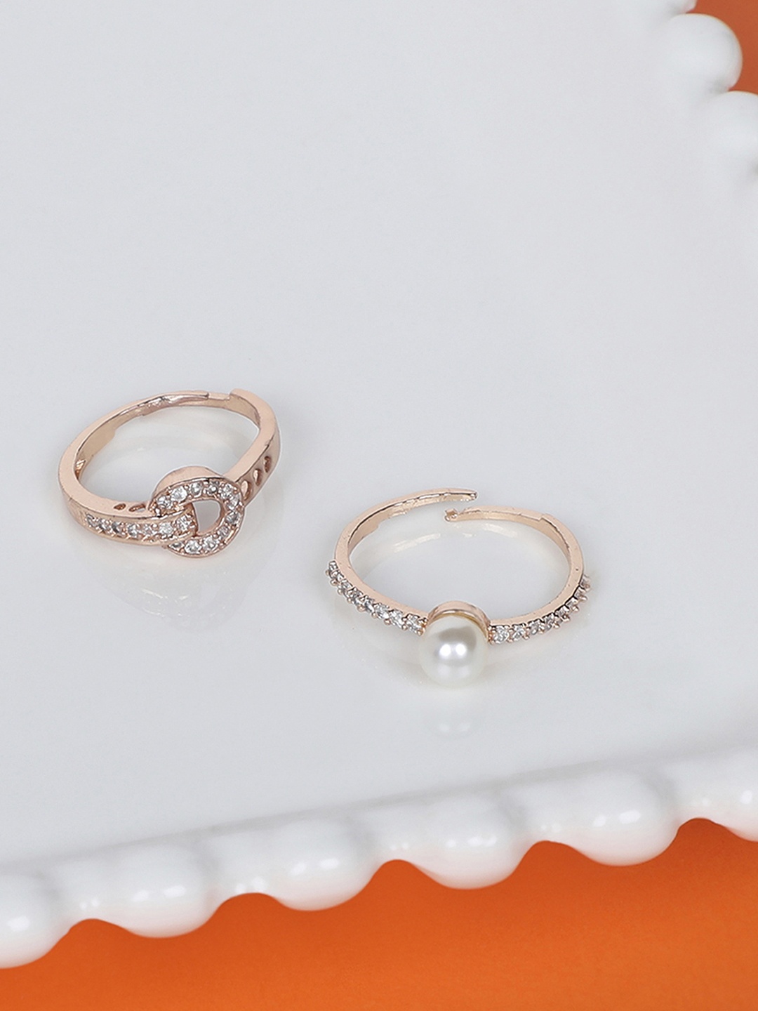 

Zaveri Pearls Set Of 2 Rose Gold-Plated & White CZ-Studded Adjustable Finger Rings