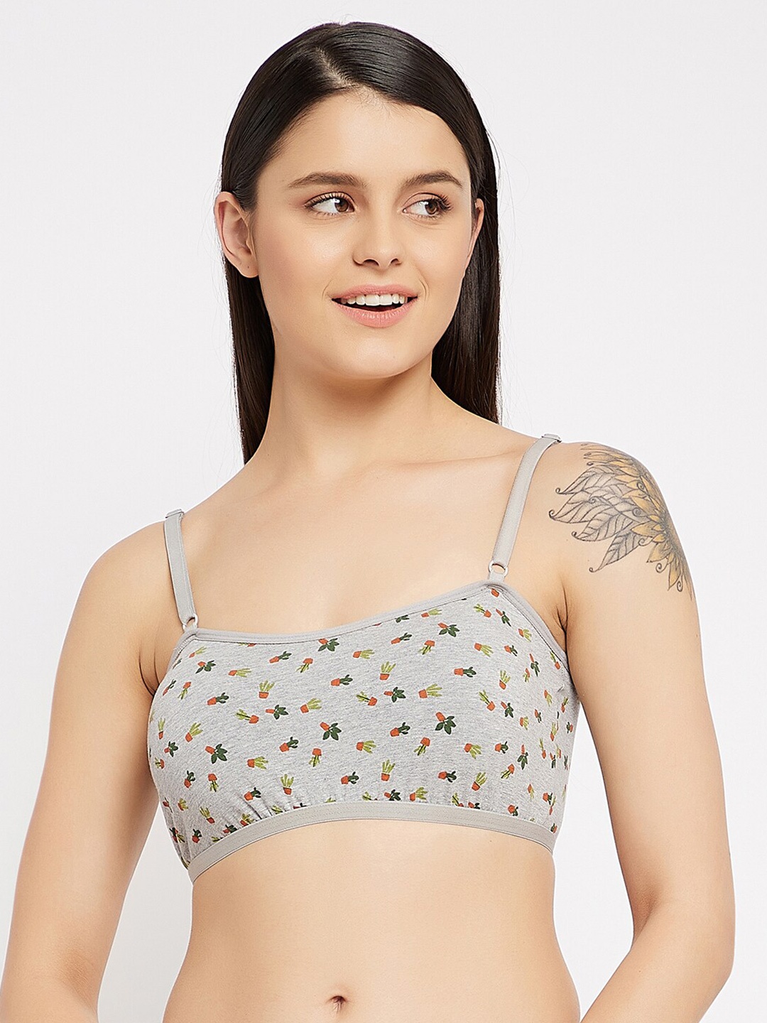 

Clovia Grey & Green Cactus Printed Beginners Bra - Non-Wired Removable Padding