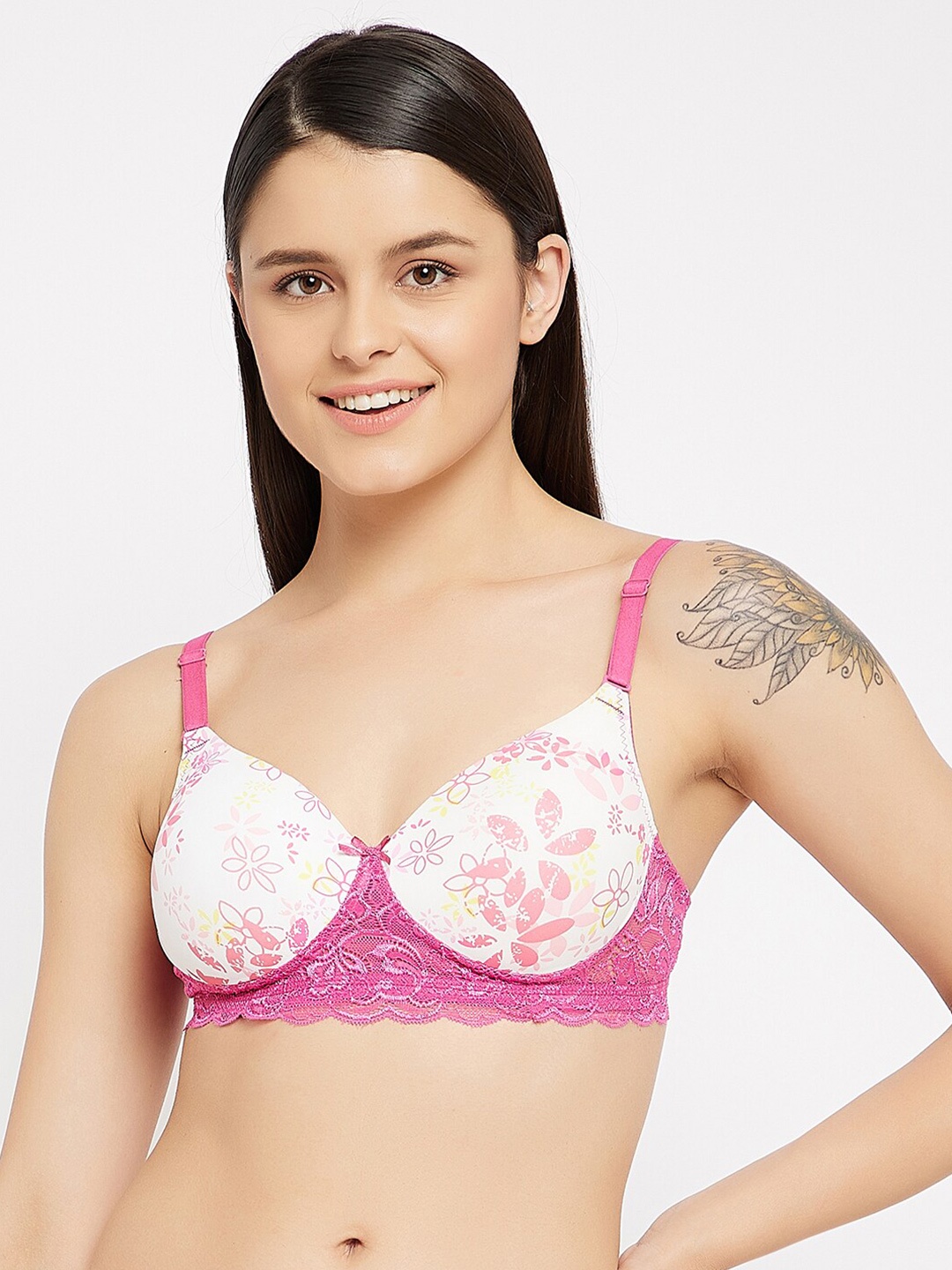 

Clovia White & Pink Floral T-shirt Bra Lightly Padded BR1806X1836E