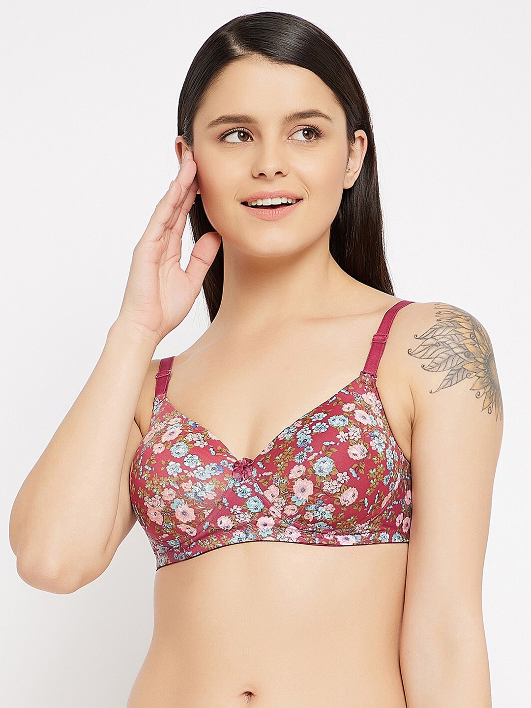 

Clovia Maroon & Blue Floral Lightly Padded Multiway T-shirt Bra