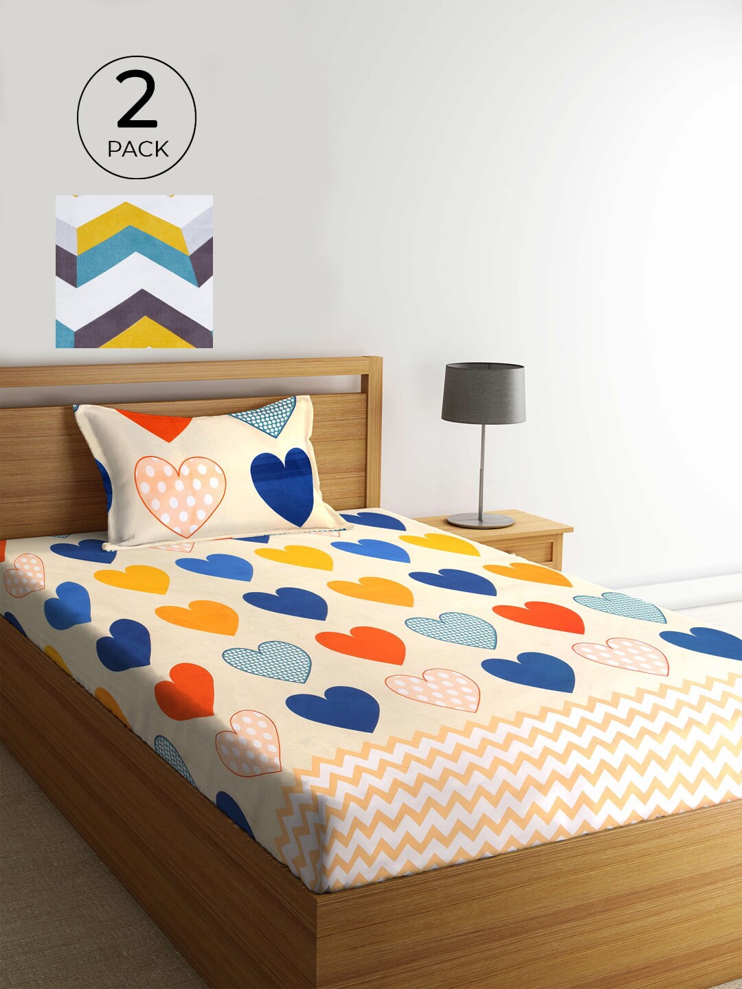 

KLOTTHE Beige & Blue Conversational 210 TC 2 Single Bedsheet with 2 Pillow Covers
