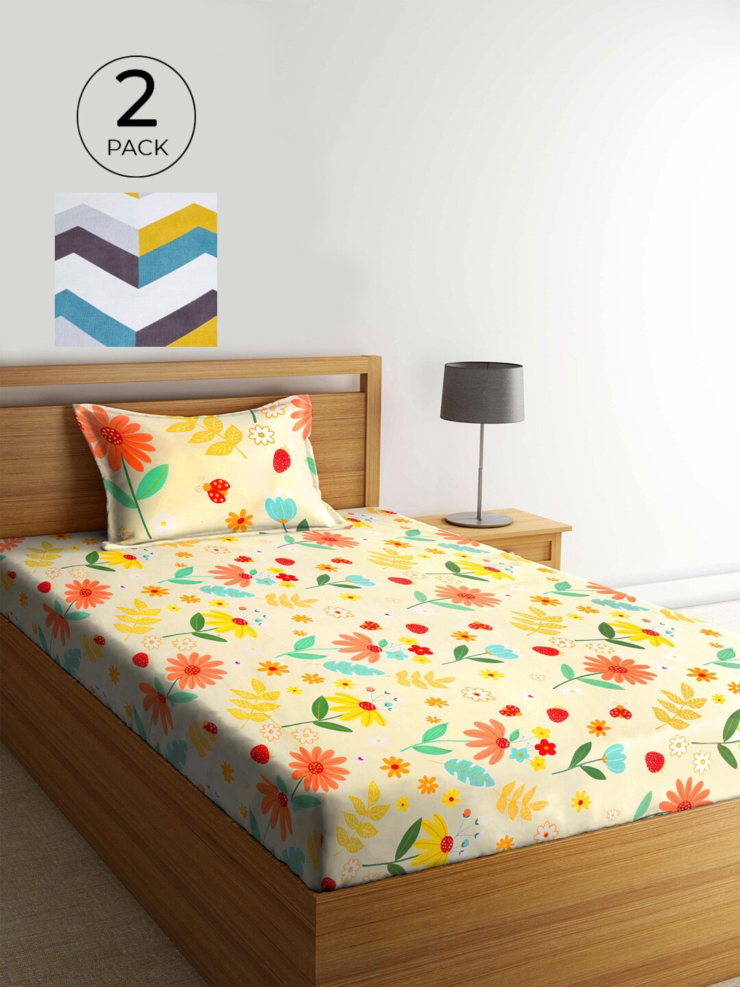 

KLOTTHE Yellow & White Floral 210 TC 2 Single Bedsheet with 2 Pillow Covers