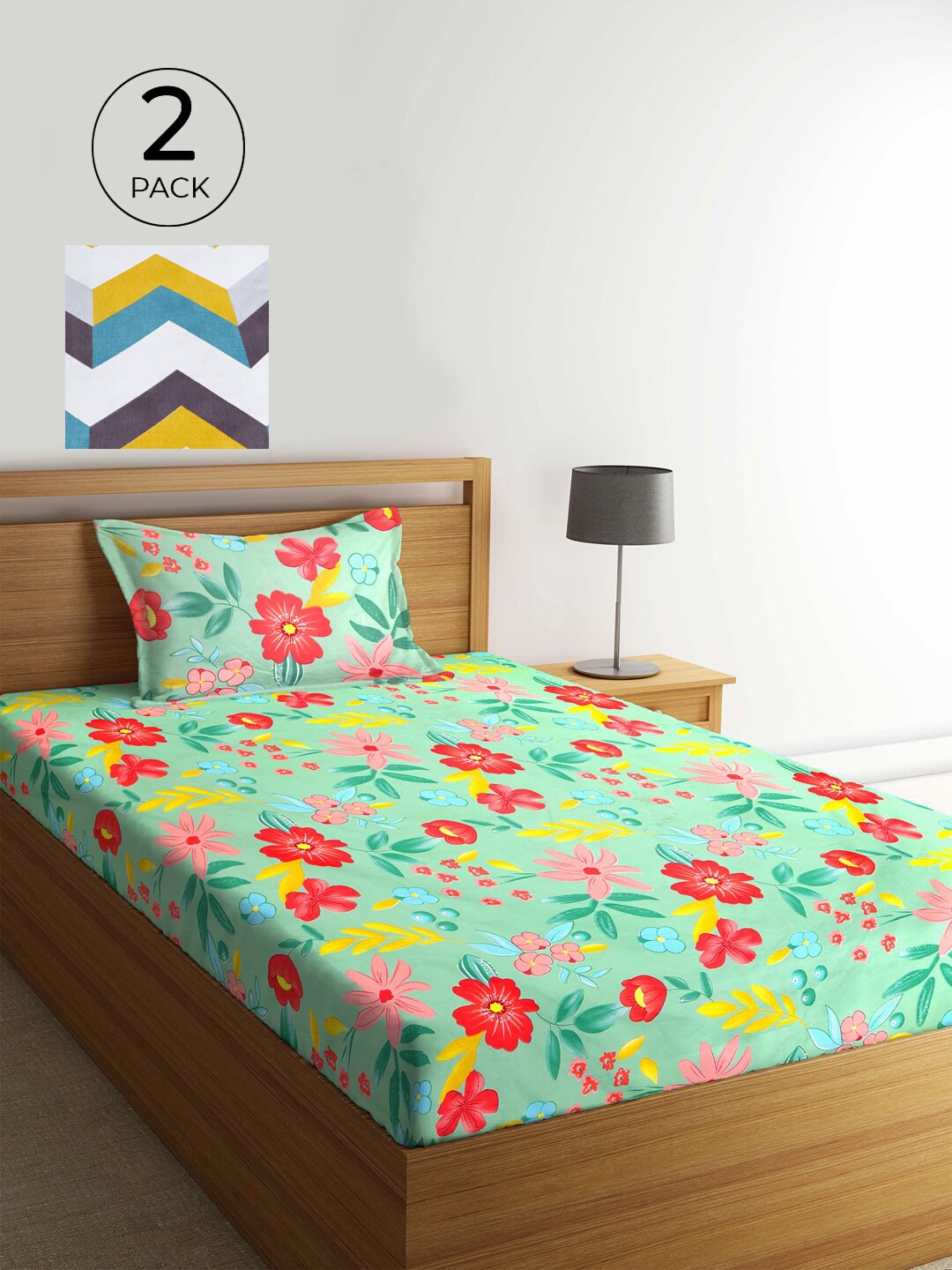 

KLOTTHE Green & White Floral 210 TC 2 Single Bedsheet with 2 Pillow Covers