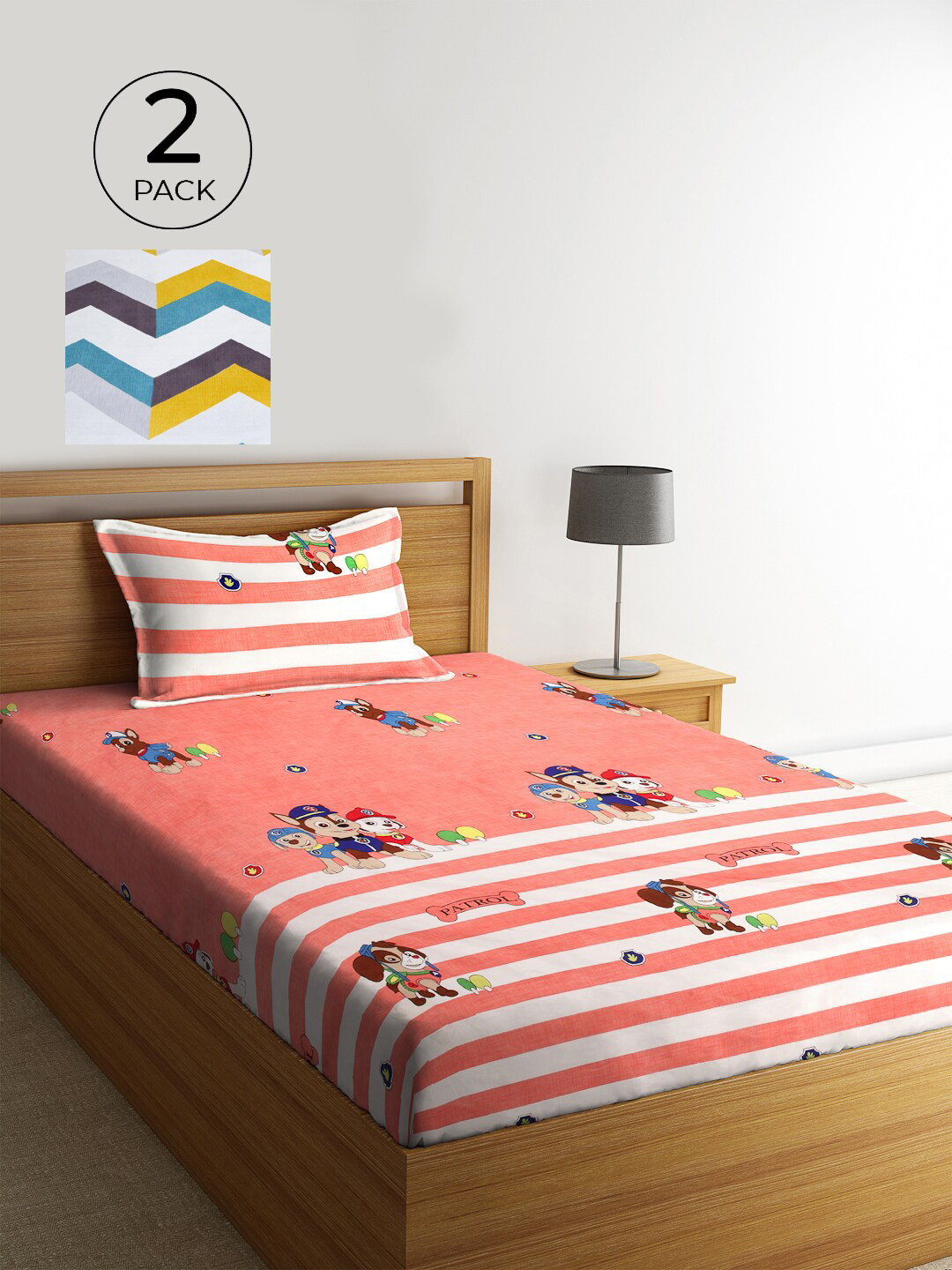 

KLOTTHE Pink & White Cartoon Characters 300 TC 2 Single Bedsheet with 2 Pillow Covers