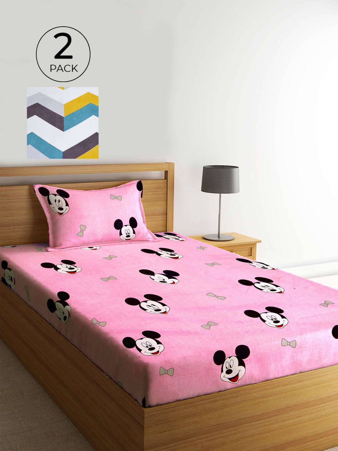 

KLOTTHE Pink & White Cartoon Characters 210 TC 2 Single Bedsheet with 2 Pillow Covers