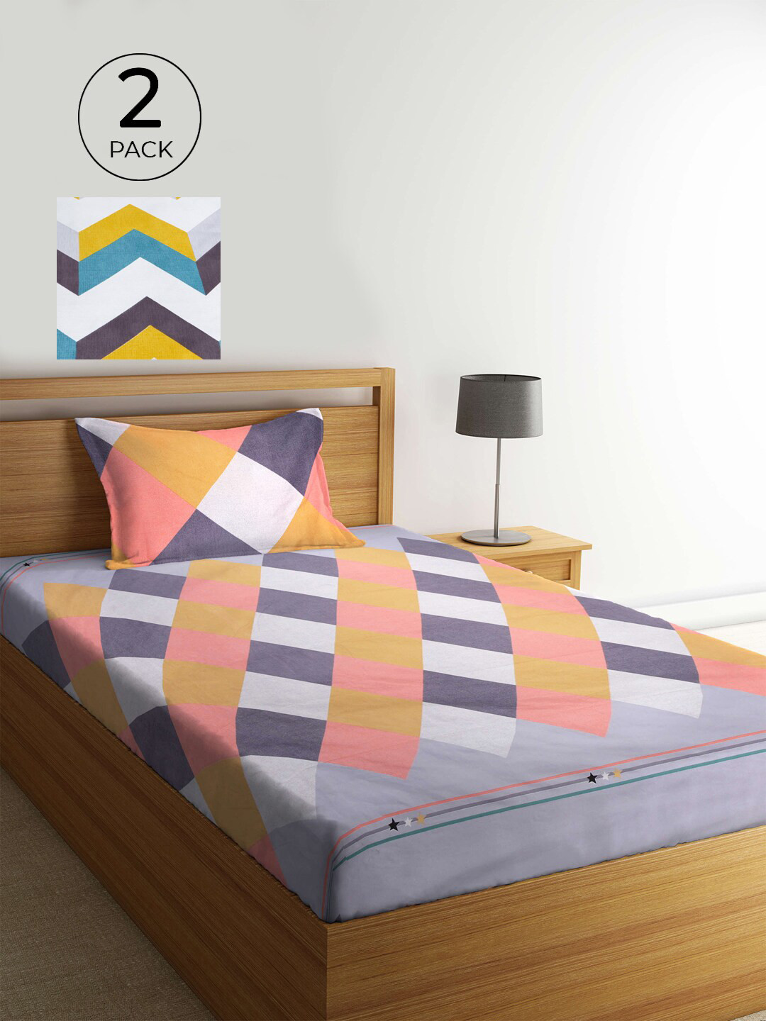 

KLOTTHE Multicoloured Geometric 300 TC 2 Single Bedsheet with 2 Pillow Covers, Multi