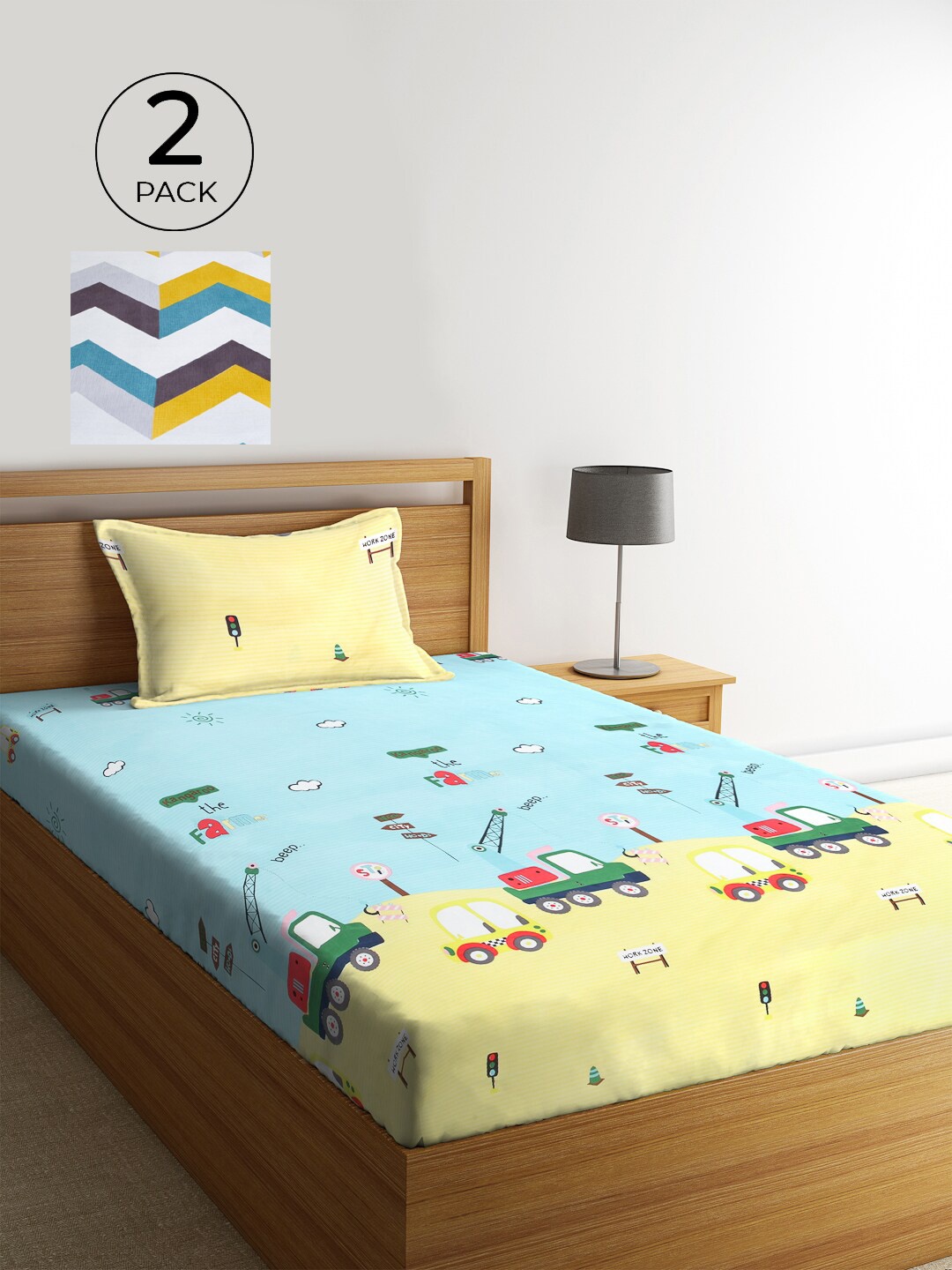 

KLOTTHE Blue & Yellow Cartoon Characters 300 TC 2 Single Bedsheet with 2 Pillow Covers