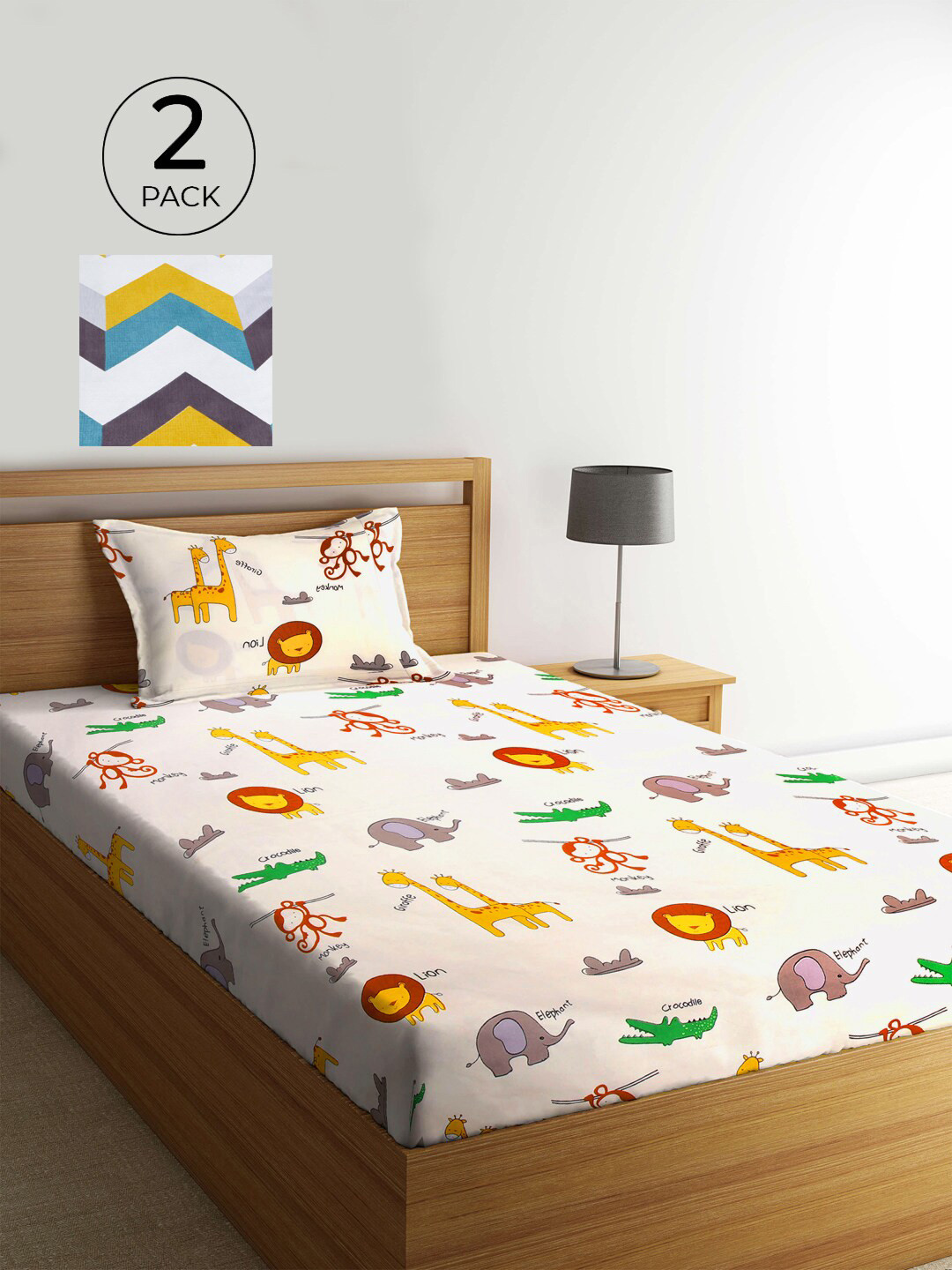 

KLOTTHE White & Blue Cartoon Characters 210 TC 2 Single Bedsheet with 2 Pillow Covers