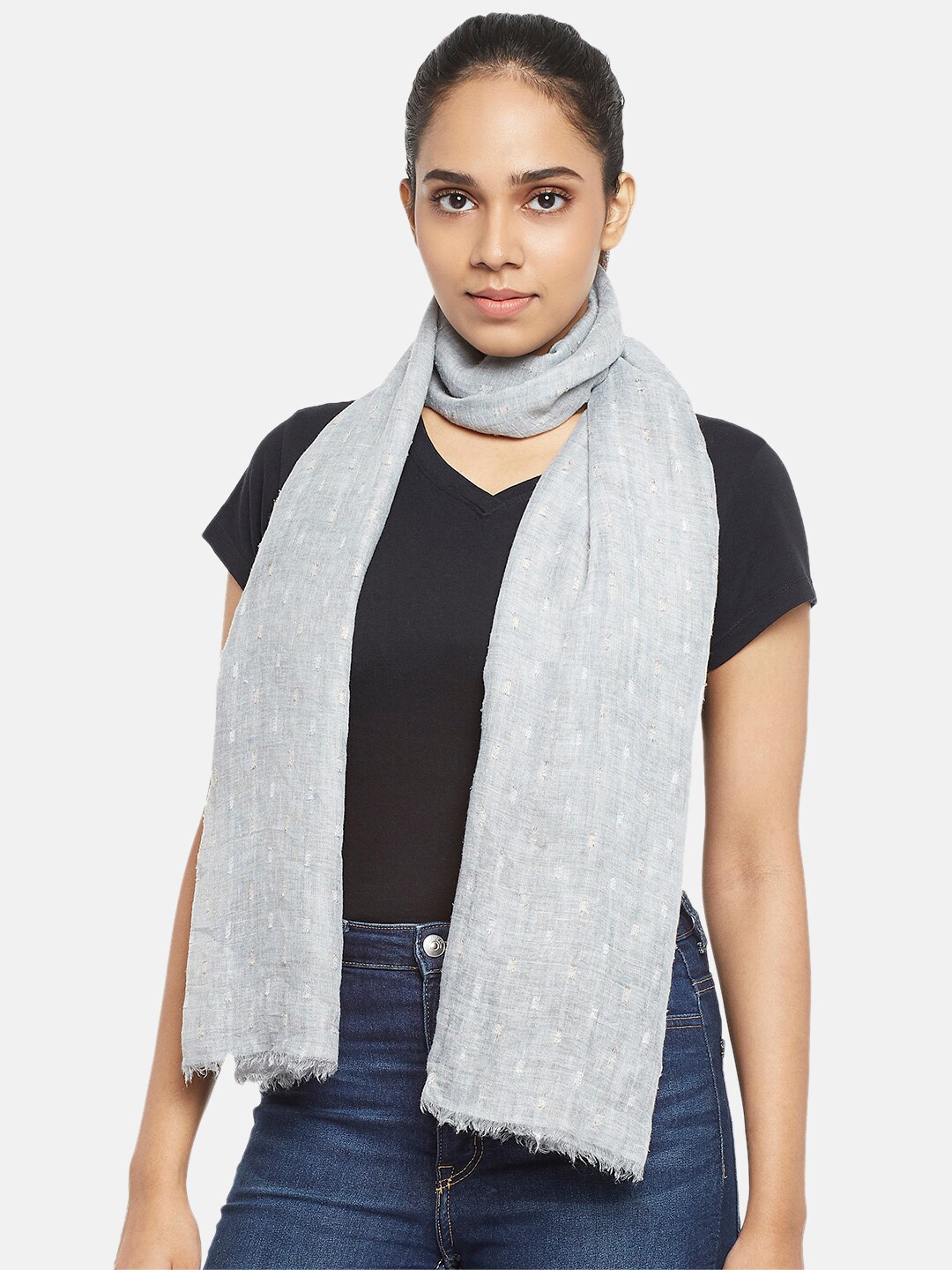 

Honey by Pantaloons Women Grey & White Solid Viscose Scarf