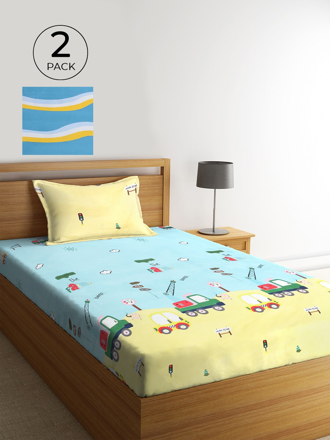 

KLOTTHE Cartoon Characters 300 TC Set Of 2 Single Bedsheet with 2 Pillow Covers, Turquoise blue